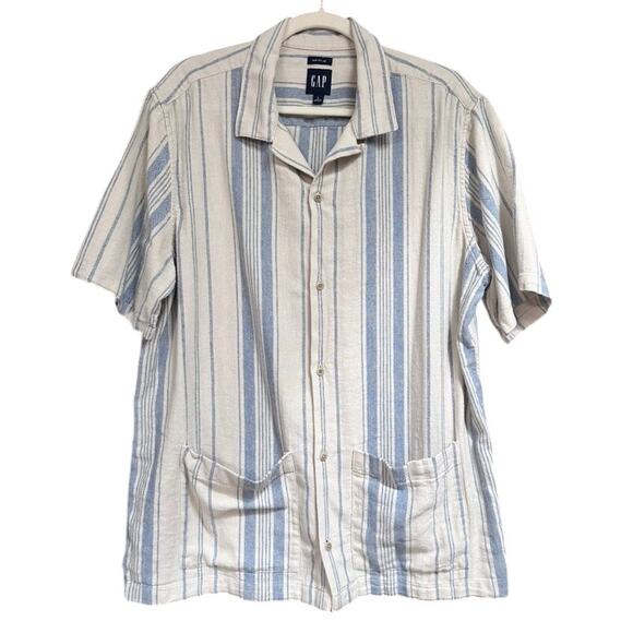 GAP Men’s Linen Cotton Striped Shirt L Short Sleeve Blue Beach Casual - Picture 1 of 6